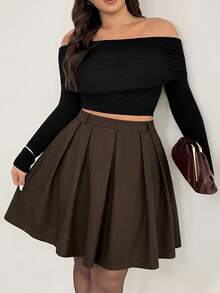 Auralis Spring/Autumn New Office Formal Lady Pleated Midi Skirt, Chocolate Brown Plaid Pattern, Elegant Commuter Style, Plus Size Back-To-School Fall - Brown - View 4