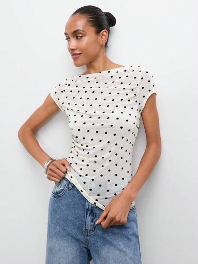 Maija Women's Polka Dot Ruched Fitted Casual Daily T-Shirt