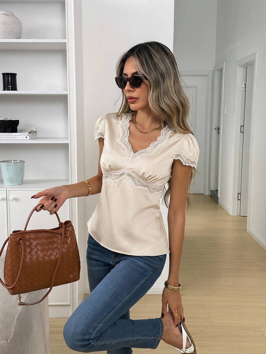 Easowa Áo sơ mi tay cánh hoa phối ren, thắt nơ eo và vạt áo bất đối xứng, kiểu dáng thanh lịch, thoải mái dành cho nữ công sở, thích hợp cho mùa xuân/hè. - Màu be - Xem 1