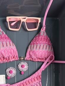 Swim Mod Women's 26SS Spring/Summer New Crochet Texture Fabric Metal Decor V-Neck Backless Triangle Wrap Strap Bikini Swimwear 2-Piece Set - Pink - View 4