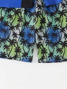 SHEIN 2-Piece Teen Boys Vintage West Coast Surf Style Swimwear Set. Main Body In Vibrant Royal Blue, Contrasted With Black Side Panels. Front Features Retro Sunset & Palm Tree Silhouette Print With "Body Glove" Branded Text In Gradient Sunset Striped & Double Palm Tree Design. Raglan Sleeve Top In Ombre Blue-Green Wave Pattern With All-Over Black Palm Tree Silhouette Print, Perfectly Coordinating With Top. Fashionable, Casual, Suitable For Swimming, Summer Vacation, Beach, Pool Party - Multicolor - View 5