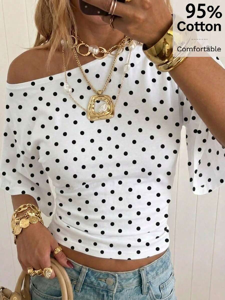 SHEIN EZwear 女士95%纯棉黑白波点短袖露脐T恤，优雅夏季复古上衣，适合海滩、早午餐、度假和伴娘派对穿着