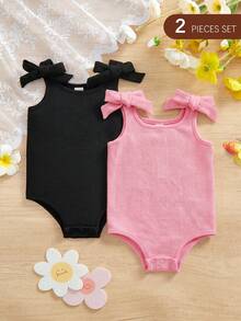 2pcs/Set Cute Summer Knitted Solid Color Bow Tie Romper For Baby Girl - Baby Pink - View 7