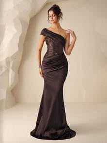 Coutiva Vestido de noche formal de cola de pez con parches de lentejuelas para mujer - Café integral - Ver 6