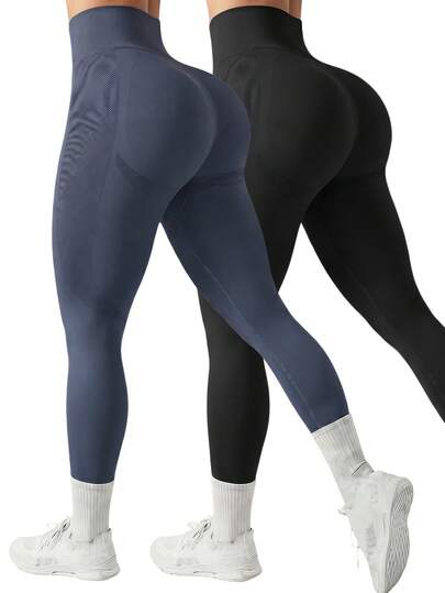 SHEIN Velisys 2pcs/Set Women's Black & Gray Seamless Stretchy High Waist Yoga Leggings, Comfortable Elastic Tights For Running, Cycling, Fitness, Outdoor Casual Wear, Spring/Summer/Autumn/Winter New Arrival Hot Selling