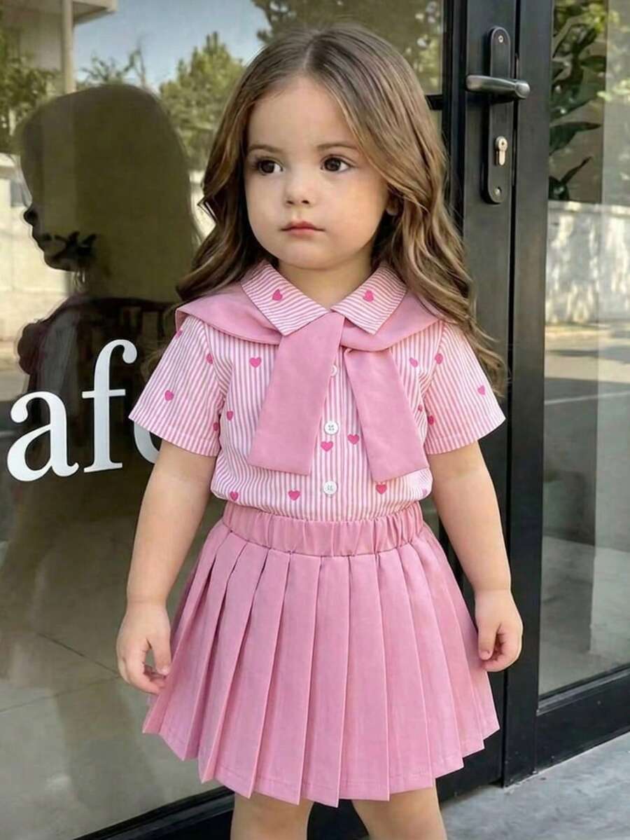 SHEIN Playful Pals 3件組 幼童嬰兒女童刺繡粉色條紋襯衫披肩&百褶裙休閒時尚夏季校園穿搭女童制服套裝