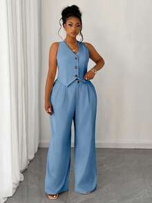 Maweii Conjunto de 2 piezas para mujer talla grande: Chaleco corto de unicolor y pantalones de pierna ancha - Azul - Ver 4