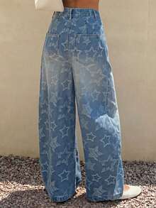 DAZY Cotton Vintage Star Pattern Textured Loose Straight Leg Washed White Baggy Women Jeans - Blue - View 2