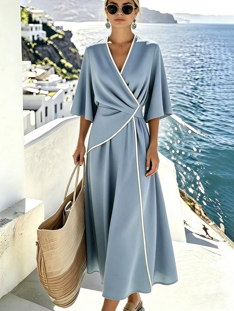 Breezaya Women's Elegant Vacation Style Contrast Trim Waist Dress, Spring/Summer - Blue - View 1