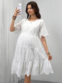 SHEIN Đầm ngắn tay cổ tròn thêu khoét rỗng thanh lịch dành cho bà bầu - trắng - Xem 1