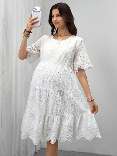 SHEIN 孕妇镂空刺绣圆领短袖优雅连衣裙