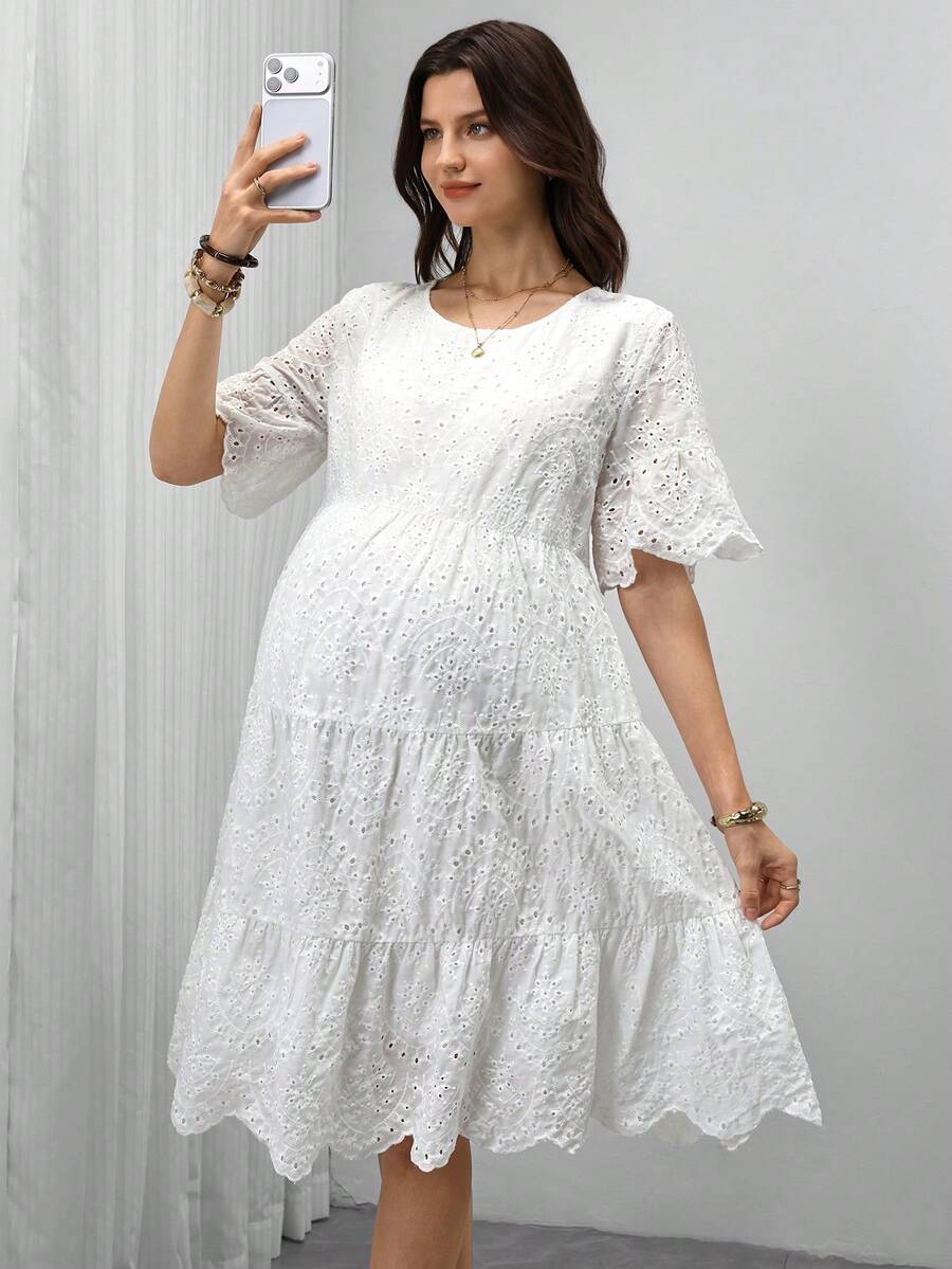 SHEIN Đầm ngắn tay cổ tròn thêu khoét rỗng thanh lịch dành cho bà bầu - trắng - Xem 1