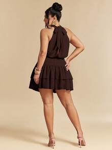 SHEIN BAE Plus Size Solid Color Ruffle Neck Pleated Fashion Date Birthday Cocktail Evening Tea Party Dress Brown Summer Elegant - Brown - View 2
