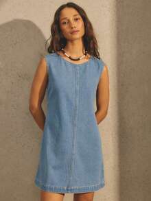 Aralina Đầm ngắn denim mùa hè cho nữ, dáng xòe, cổ tròn, không tay, có chi tiết thắt eo phía sau, dễ thương, thanh lịch, thích hợp cho đi biển, nghỉ lễ, du lịch hoặc các sự kiện khác. - Rửa nhẹ - Xem 3