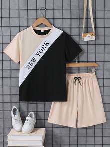 男童休闲撞色T恤套装（2件/套），适合日常、上学、运动穿着，舒适时尚。 - 彩色 - 查看 3
