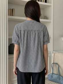DAZY Women's Casual Plaid Print Bubble Short Sleeve Shirt, Suitable For Daily Wear And Commuting - Black and White - View 7