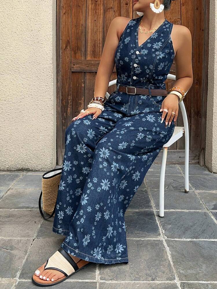 Dazy Plus All-Over Ditsy Floral Tie-Up Backless Casual Loose Wide Leg Denim Jumpsuit, Plus Size Women Spring/Summer