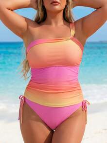 Swim Lushoire Plus Size Women Orange Pink Ombre Print Tankini Set Beach Vacation Summer Sexy - Multicolor - View 4
