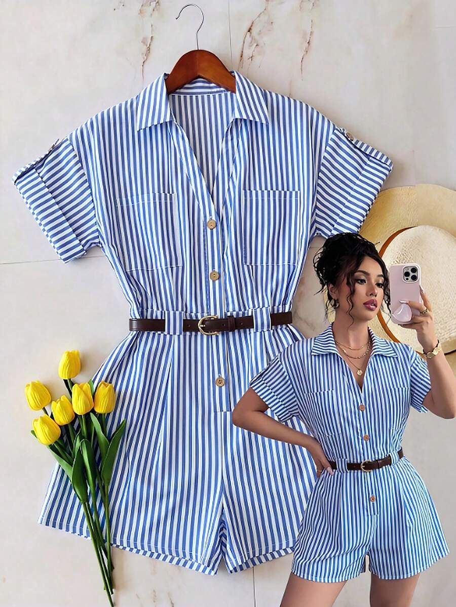 GlowEve Bộ jumpsuit nữ màu xanh trắng kẻ sọc, cổ chữ V, hai túi, tay áo xắn lên, thắt lưng chun, quần short, thanh lịch và tinh tế, thích hợp cho lễ Phục sinh, Ngày động, sinh nhật, hẹn hò, tiệc tùng, các dịp trang trọng, trang phục giáo viên, du lịch, phong cách đường phố, mùa xuân/hè. - Xanh và trắng - Xem 1