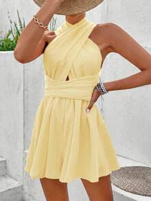 Breezaya Women's Casual Solid Color Halter Jumpsuit, Summer - Yellow - View 3