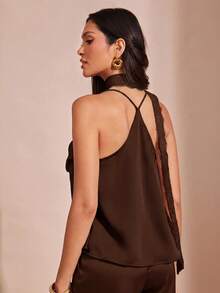 Hauture Áo hai dây satin cổ đổ phối khăn choàng cho nữ, thích hợp cho dịp lễ hội, năm mới và hẹn hò. - Cà phê nâu - Xem 2