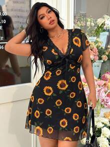 SHEIN EZwear 大码女式向日葵印花蕾丝拼接V领连衣裙 - 彩色 - 查看 1