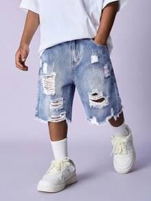 Tween Boy Fashion Homecoming Streetwear Mix And Match Versatile Design Vintage Cool Street Cut Out Ripped Frayed Blue Comfortable Holey Denim Shorts For Dailywear And Spring To Summer Rave Festival And Streetwear - Blue - View 1