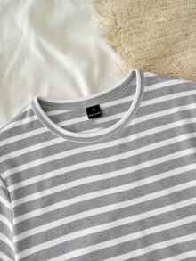 Tseoso 94% Cotton Casual Minimalist Style Gray & White Striped Cropped Fitted T-Shirt, Versatile For Spring/Summer,Summer Top - Grey - View 3