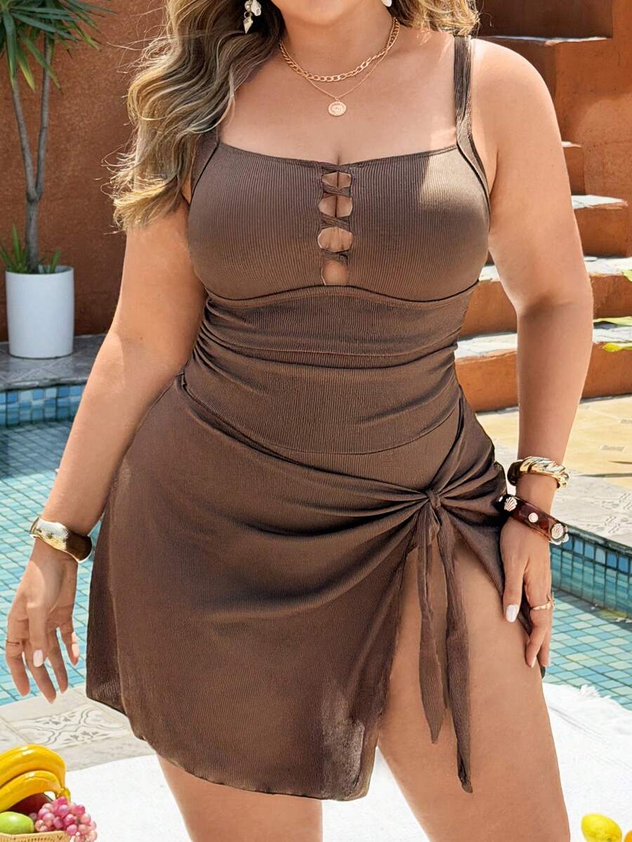 Swim Shayni 2026 New Solid Color Ribbed One-Piece Swimsuit,Removable Padded,Adjustable Strap,Hollow-Out Rope,Waist Ruched,Skirt Bow,Summer,Comfy,Beach,Holiday - Brown - View 1