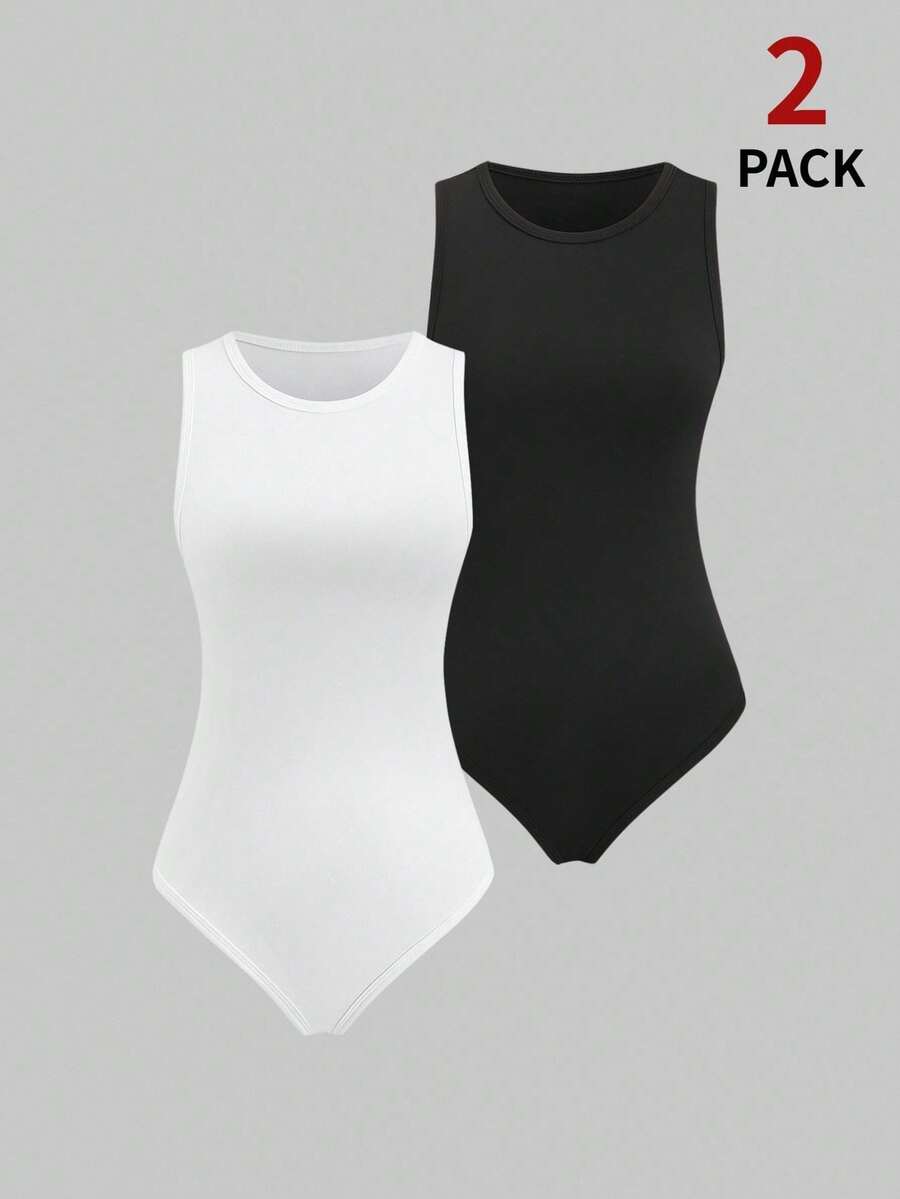 Sunnyshic Bộ 2 món áo liền thân đen trắng, cổ tròn, không tay, ôm sát, co giãn, thích hợp cho nữ mùa hè, đi biển, gợi cảm, tối giản, thường ngày, đa năng. - Nhiều màu - Xem 1