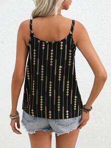 Penseblé Geometric Pattern Metallic Buckle Strap Tank Top Graphic Tees Women Tops - Black - View 2