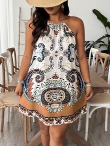 SHEIN VCAY Plus Size Vintage Boho Casual Tropical Print Sleeveless Backless Summer Dress Vacation Beige - Multicolor - View 7