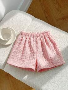 SHEIN Little Byeori 女童撞色编织休闲短裤 - 粉色 - 查看 2