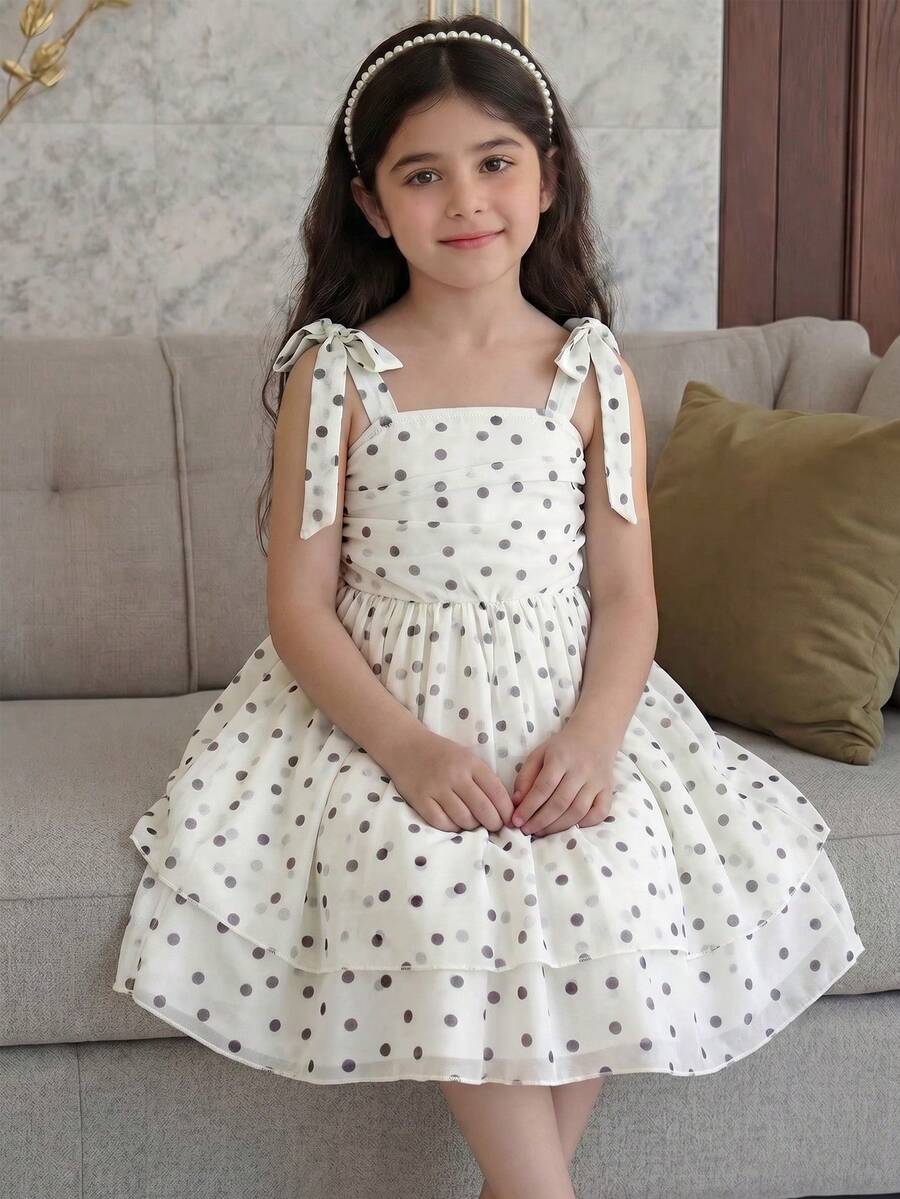 SHEIN Vestido de niña joven con tirantes de malla a lunares dulces - Multicolor - Ver 1
