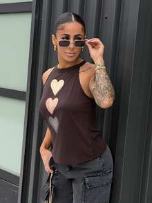 SAYEHFBABY Heart Pattern Casual Neck Tied Slim Fitting Tank Top For Women, Suitable For Summer Back To School - Brown - View 6