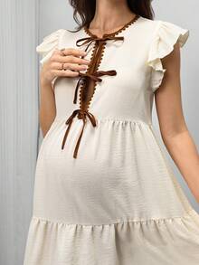 Momance Đầm cho bà bầu mùa hè kiểu dáng thường ngày buộc dây phía trước - Màu be - Xem 6