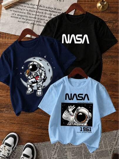 3 piezas/Paquete Camisetas de manga corta de cuello redondo con estampado six seven urbano casual para niño apropiado para primavera y verano