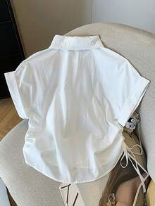 Resyla Cute White Floral Embroidery Shirt Side Drawstring Bow Ruched Blouse Cap Sleeve Button Up Summer Cottage Core Brunch Relaxed Fit Parisian Chic Top - White - View 2