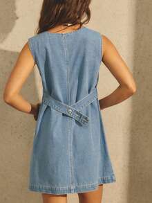 Aralina Đầm ngắn denim mùa hè cho nữ, dáng xòe, cổ tròn, không tay, có chi tiết thắt eo phía sau, dễ thương, thanh lịch, thích hợp cho đi biển, nghỉ lễ, du lịch hoặc các sự kiện khác. - Rửa nhẹ - Xem 2