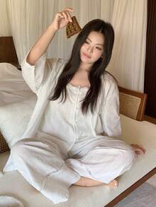 Dazy Plus 3件套度假风大码女式白色波点纹理面料睡衣套装，春夏款 - 白色 - 查看 6