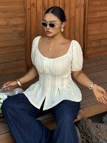 Dazy Plus Plus Size Women's Summer Classy White Textured Blouse,Princess Sleeve Fitted Waist Flared Hem Casual Holiday Beach Top,Party Versatile Apricot Shirt - Beige - View 4