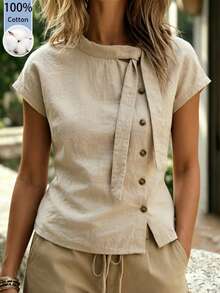 Zayélia Áo sơ mi nữ màu mơ, chất liệu cotton nguyên chất, thích hợp cho kỳ nghỉ hè, phong cách thường ngày. - Màu be - Xem 4