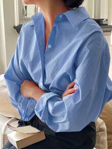DAZY Áo blouse nữ dáng rộng tay dài màu trơn phong cách tối giản, mặc thường ngày đi làm văn phòng, phù hợp cho mùa xuân và mùa thu, dành cho người nhỏ nhắn - Màu xanh lam - Xem 5