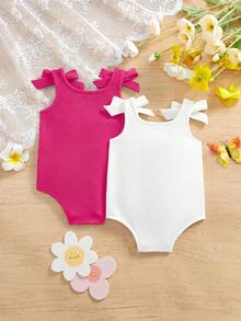 2pcs/Set Cute Summer Knitted Solid Color Bow Romper For Baby Girl - Hot Pink - View 2
