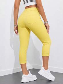 SHEIN Essnce 女款休閒百搭口袋裝飾七分牛仔褲 - 黃色 - 查看 2