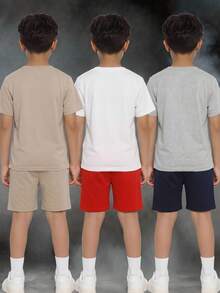 SHEIN 6件組兒童/青少年男孩休閒寬鬆字母圖案圓領T恤與短褲套裝，白色夏季街頭風校園返校日常運動 - 彩色 - 查看 2