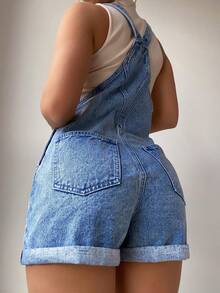 SHEIN PETITE Quần yếm denim nữ kiểu dáng thường ngày, có dây đeo điều chỉnh được. - Rửa trung bình - Xem 2