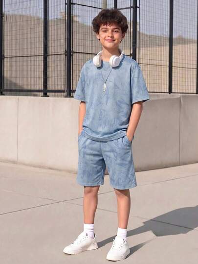 2pcs/Set Teen Boy Summer Casual All-Over Print T-Shirt And Shorts Set