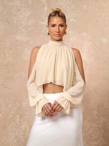 Lumalex Blusa holgada de gasa con cuello alto, halter, lazo, hombro asimétrico abierto, manga de pétalo para mujeres - Albaricoque - Ver 4