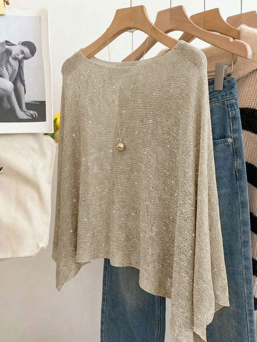 SHEIN Franclia 新款镂空针织罩衫,轻薄透气,可作披肩或薄毛衣外套,优雅通勤风,夏季穿搭,海滩装扮,优雅派对礼服,度假休闲造型 - 杏色 - 查看 1
